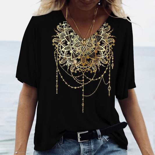 Chic Mandala V-Neck Blouse Tee - Women's Bohemian Elegance