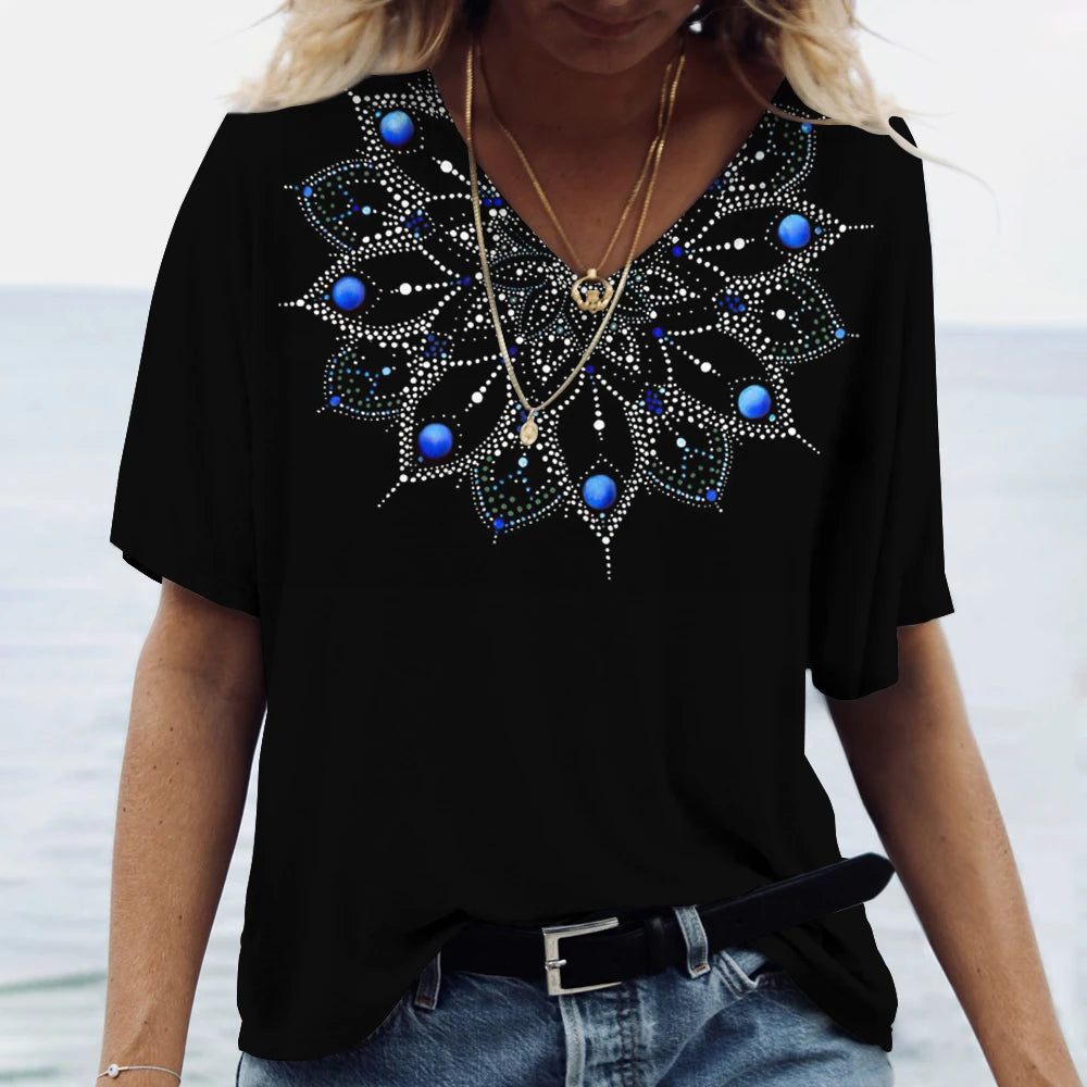 Chic Mandala V-Neck Blouse Tee - Women's Bohemian Elegance