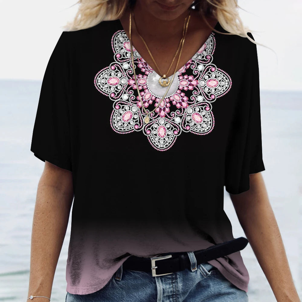 Chic Mandala V-Neck Blouse Tee - Women's Bohemian Elegance