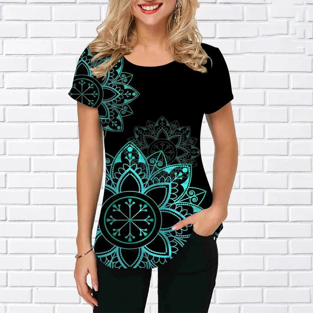 Boho Mandala Glam: Chic & Comfy Long Tee for Women - Vivid Colors & Elegant Design