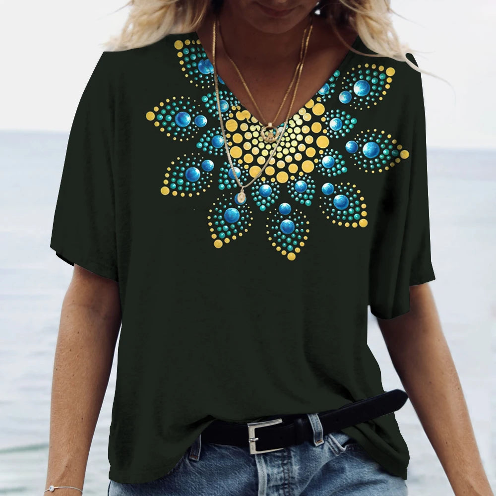 Chic Mandala V-Neck Blouse Tee - Women's Bohemian Elegance