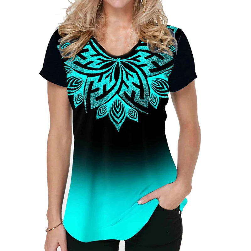 Boho Mandala Glam: Chic & Comfy Long Tee for Women - Vivid Colors & Elegant Design