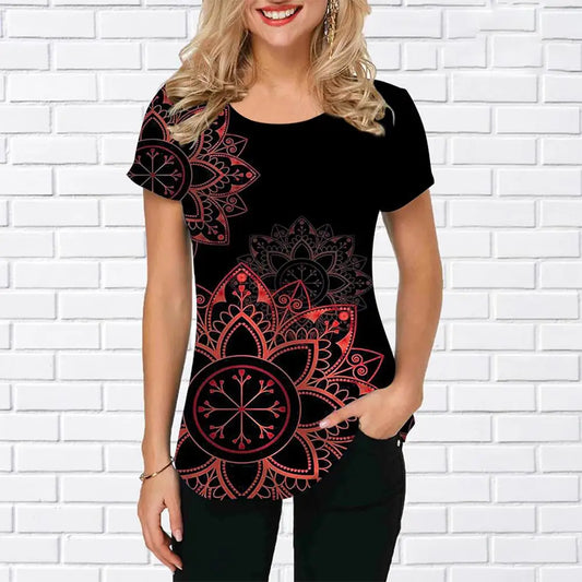 Boho Mandala Glam: Chic & Comfy Long Tee for Women - Vivid Colors & Elegant Design