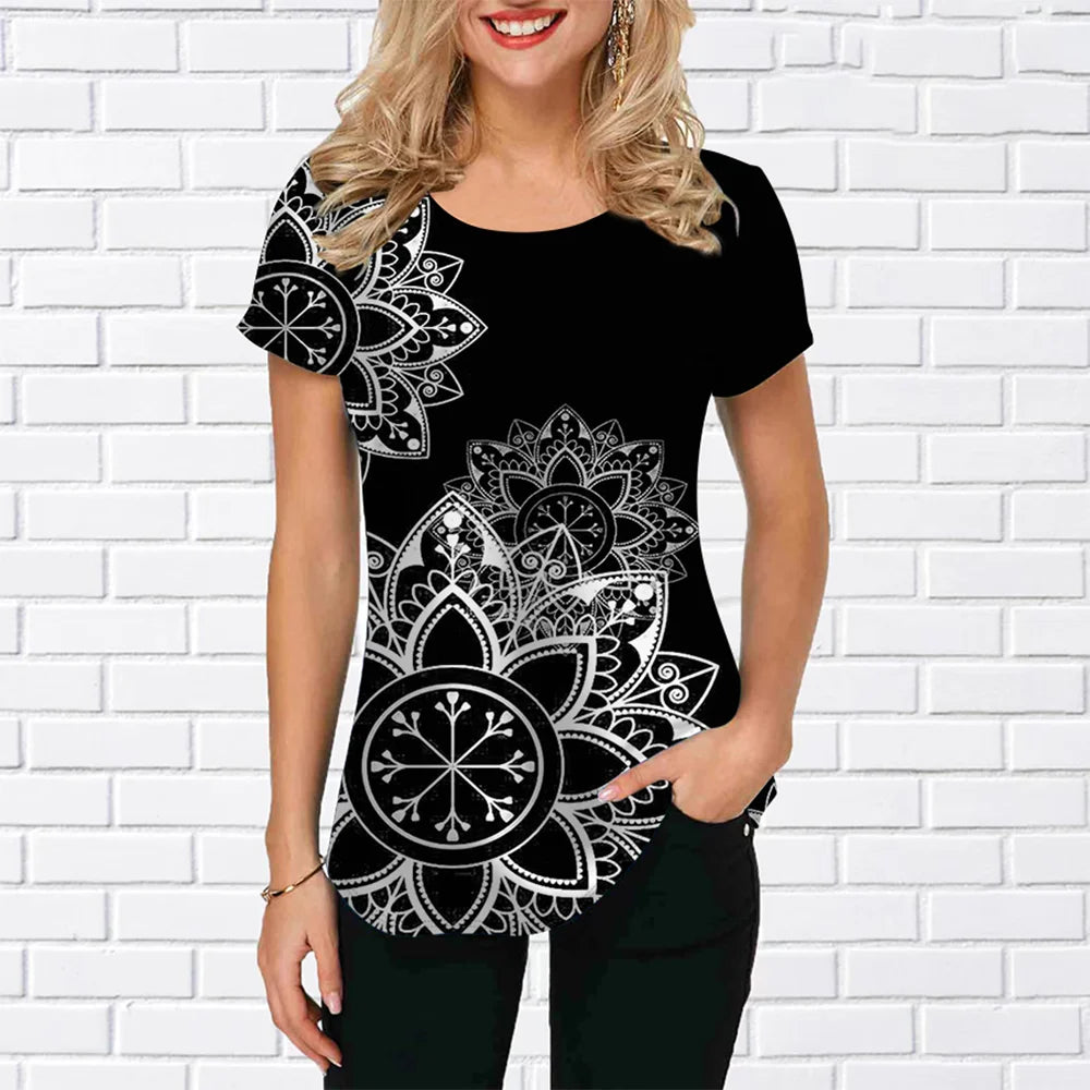 Boho Mandala Glam: Chic & Comfy Long Tee for Women - Vivid Colors & Elegant Design